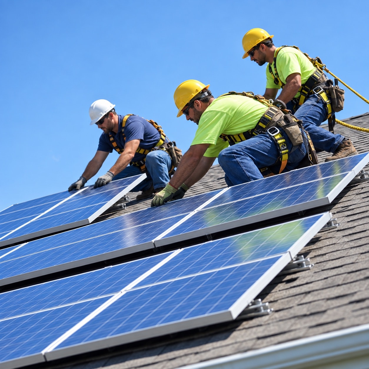 Three solar installers wearing hardhats and safety harnesses working beside panels on a sloped roof.