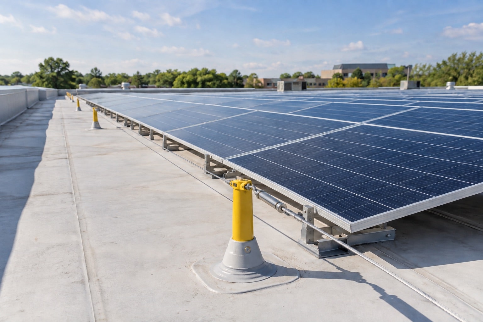 Roof anchor and horizontal lifeline beside solar panels on a commercial rooftop.